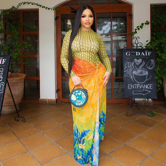 Stitching Women Printed Slim Fit Pleated Hip round Neck Long Sleeve Split Dress