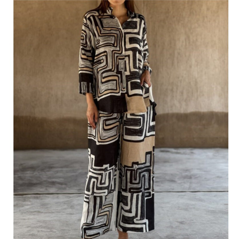 Women Clothing Cotton Linen Multi Color Printed Long Sleeve Casual Straight Pants Two Piece Set