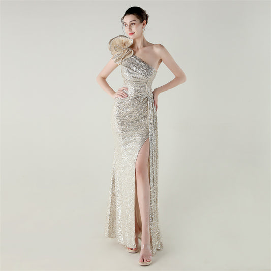 One Shoulder Sequin Craft Floral Beaded Slim Fishtail Evening Dress Award Ceremony High End Social Dress