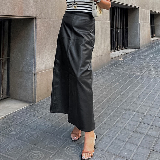 Retro Minimalist High Waist A Hem Fleece-lined Leather Skirt Split Faux Leather Skirt Autumn Winter Maxi Women - Wanita Store
