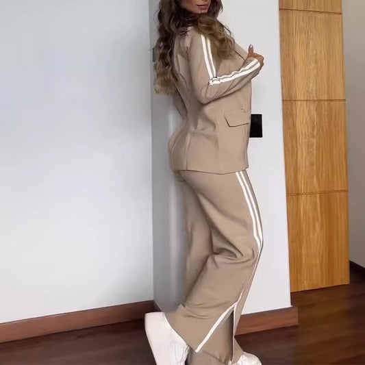 Autumn Winter Women Casual Polo Collar Suit Wide Leg Pants Two Piece Suit
