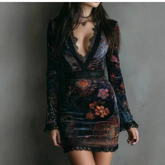 Robe à manches longues imprimée en dentelle à col en V, sexy, ajustée à la taille et aux hanches