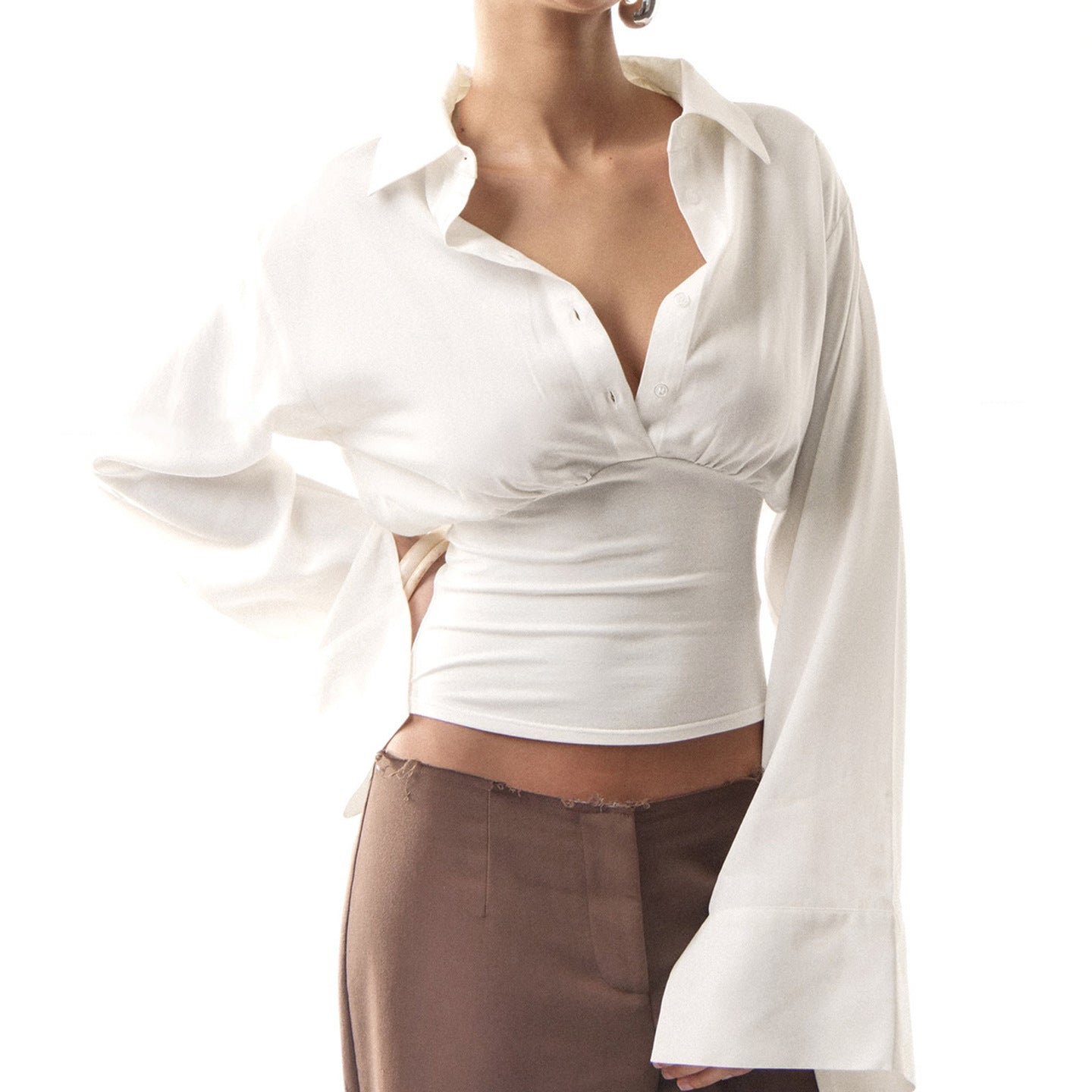 Summer Autumn Breasted Collared Sexy White Shirt Waist Controlled Slimming Long Sleeve T shirt