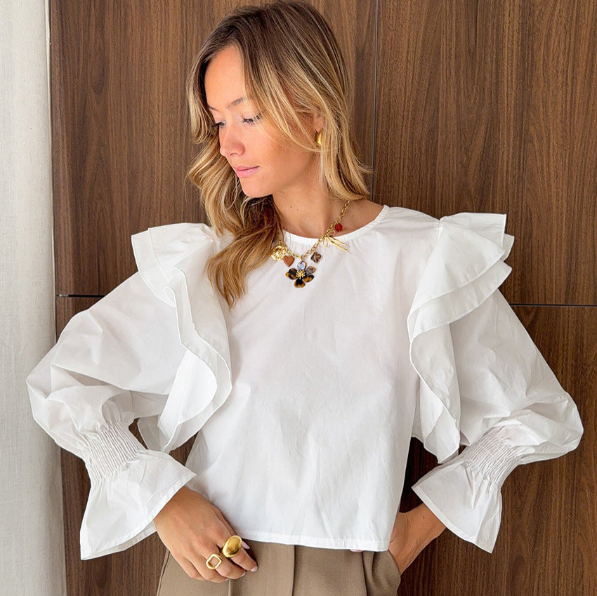 Gentle Polyester Cotton White Flying Sleeve Backless Hollow Out Cutout out Long Sleeved Top Women Office Top - Wanita Store