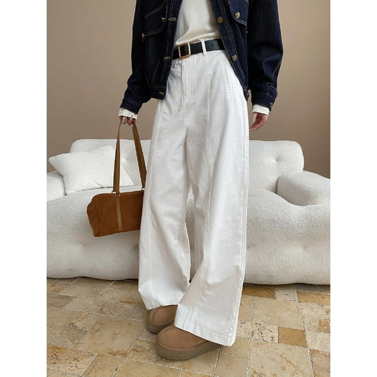French High Grade Elegant Stand Cutting Line Split High Waist Slimming Straight Wide Leg Jeans