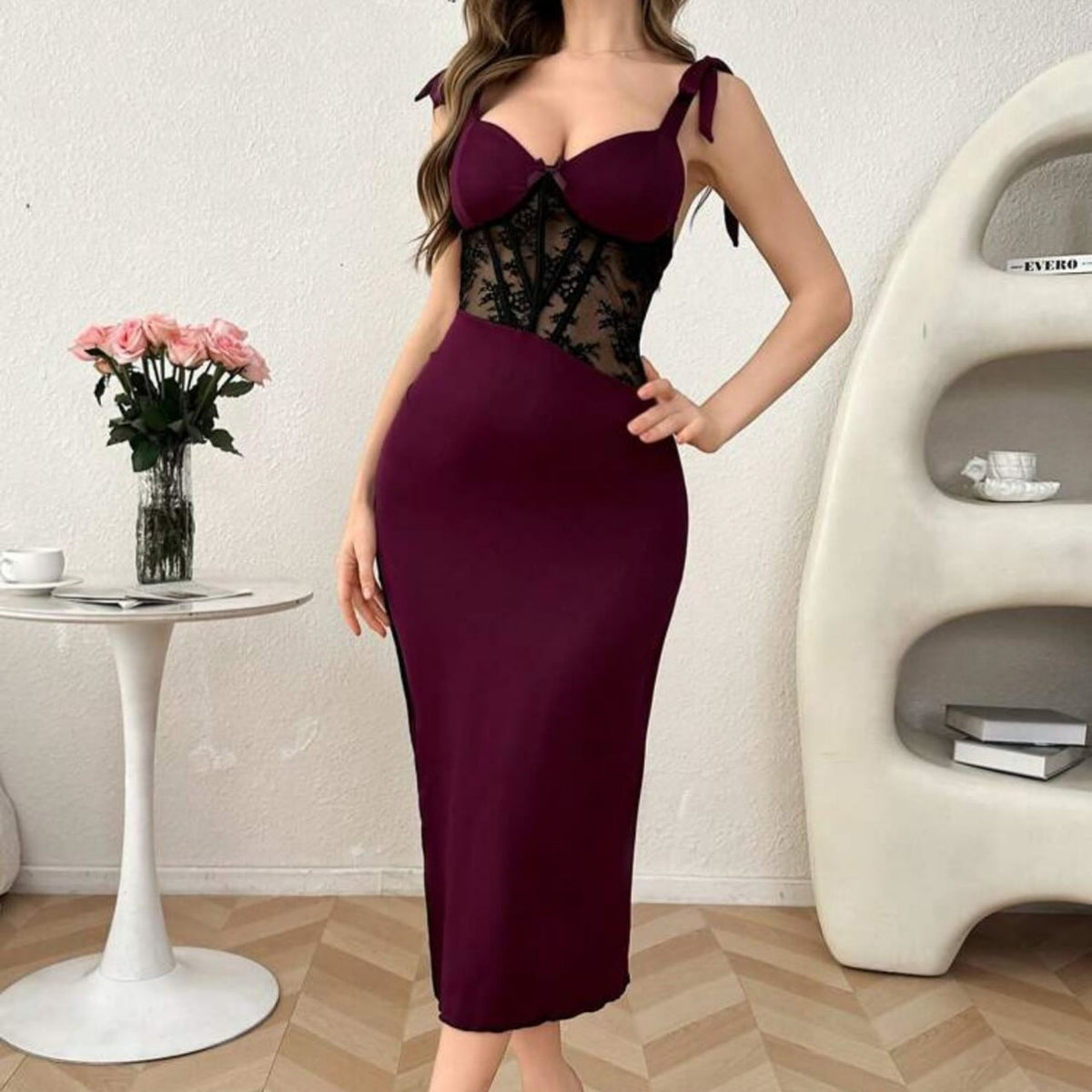 Sexy Lace See through Boning Corset Plastic High Slit Sexy Tied Dress