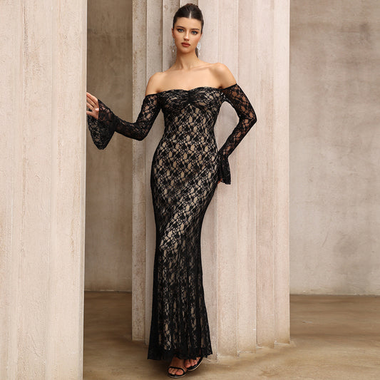 French off Shoulder Lace Slim Fit Slimming Long Sleeves Dress Mid Length Party Evening Dress
