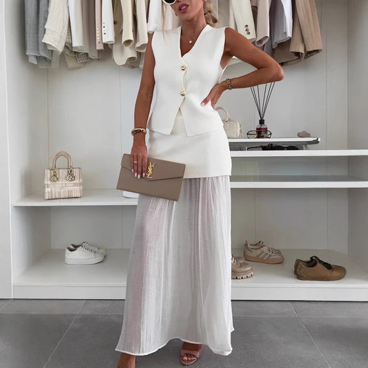 Spring Summer Knitted Stitching Vest Set Casual Vacation Loose Skirt Women - Wanita Store