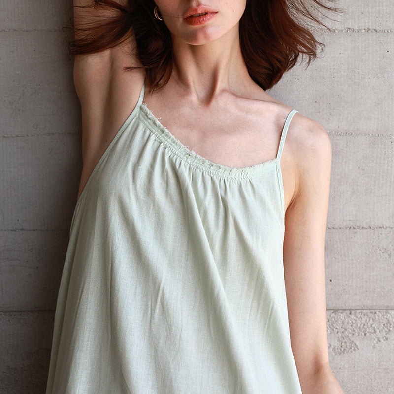 French Vacation Linen Suspender for Women Summer Backless Dress Tassel round Neck Loose Fitting Mid Length Dress