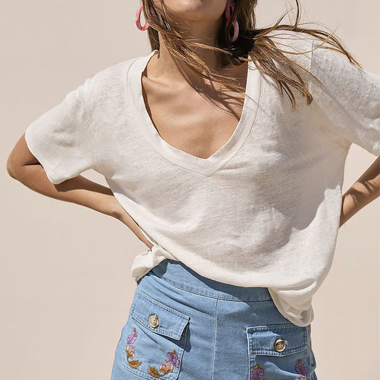 Deep V Plunge Neck Design T Shirt Top Summer Knitted Hemp Bamboo Joint Pullover Short Sleeve Loose T Shirt Women