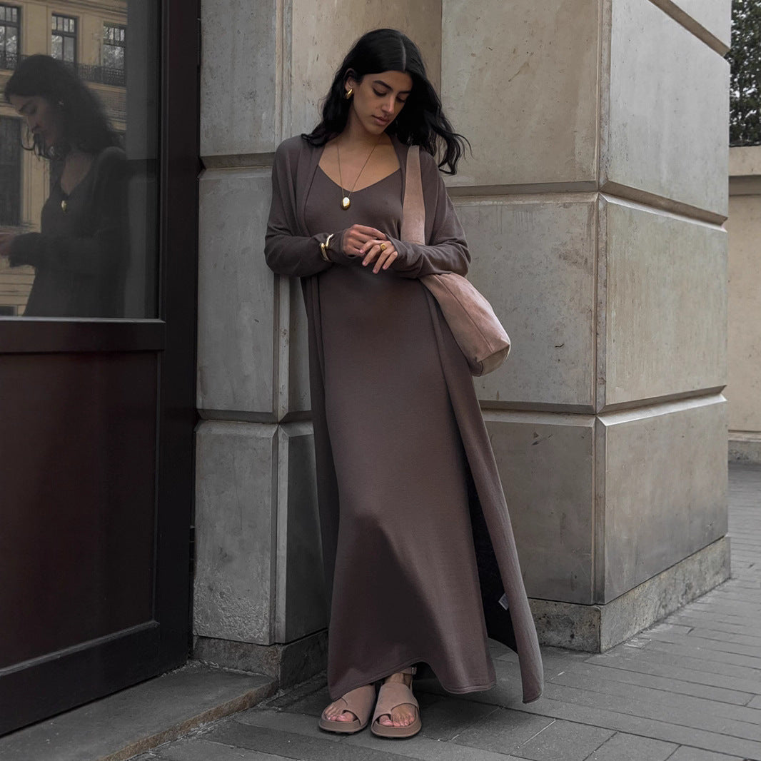 Women Knitted Long Sleeve Cardigan Sling Dress Set Autumn Soft Blouse