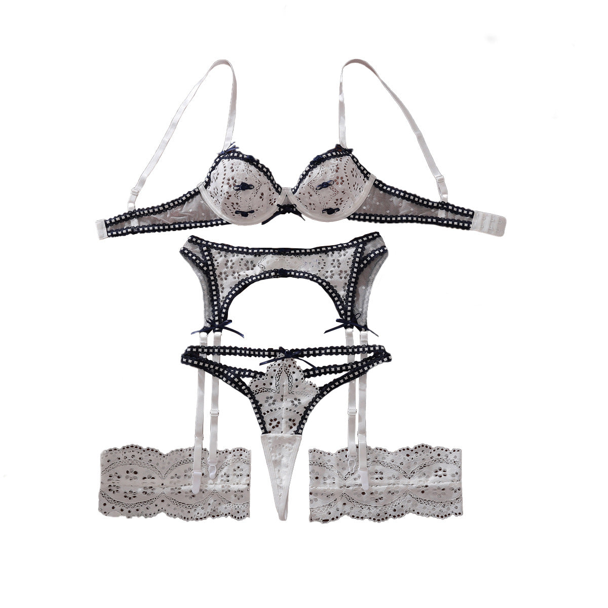 Three Dimensional Rose Decoration See through Hollow Out Cutout Mesh Body Shaping Sexy Underwear Split Set