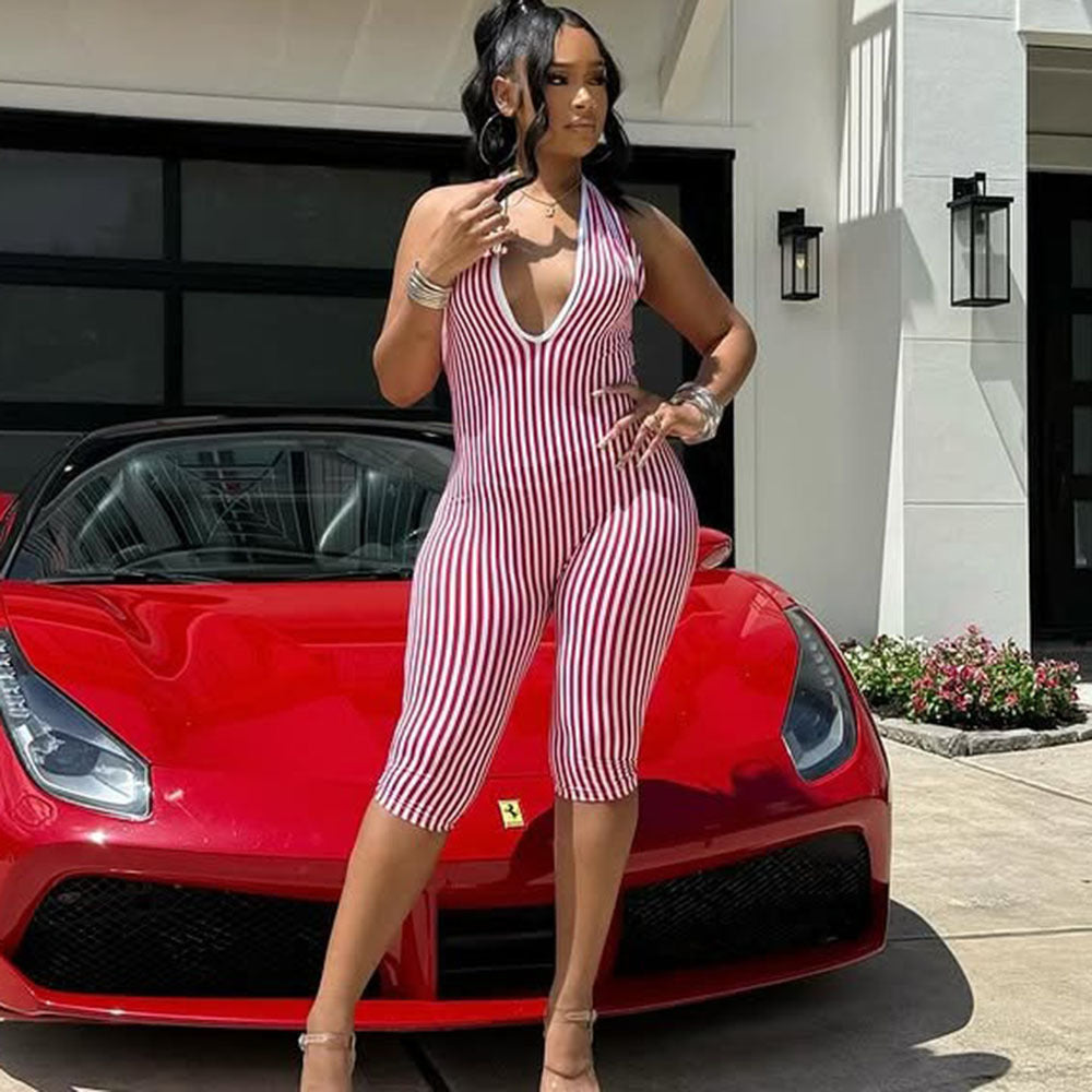 Stripes Hollow Out Cutout Backless Lace up Short High End Jumpsuit Women