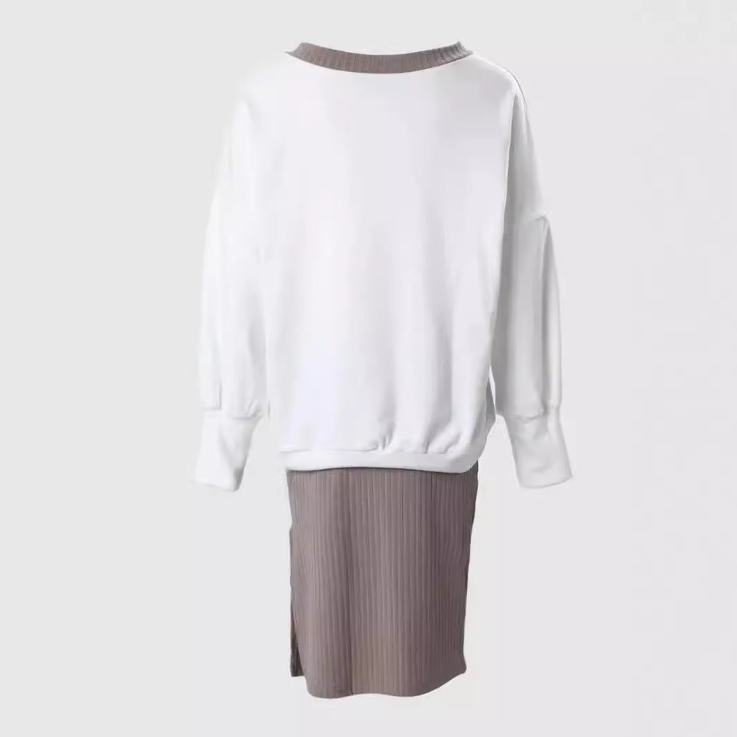Women Wear Outing Casual Loose V neck Sweatshirt Tight Skirt Long Sleeved Top Two Piece Set