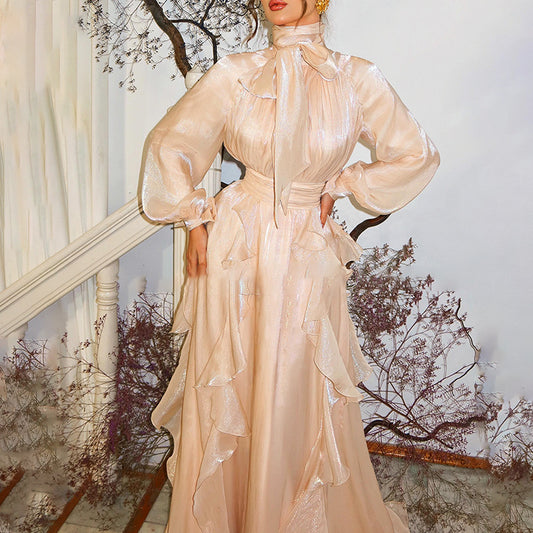 French Elegant Socialite Fairy Dress Summer Stand up Collar Puff Sleeve Pleated Waist Tight Dress Women