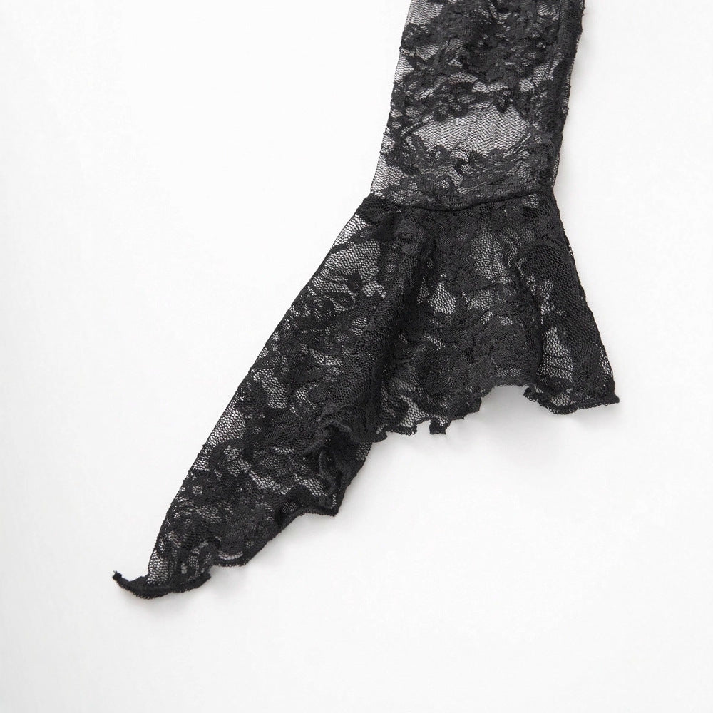 Gothic Vintage Lace Stitching Women Dress Gothic Bandage Ladies Long Sleeve Velvet Dress