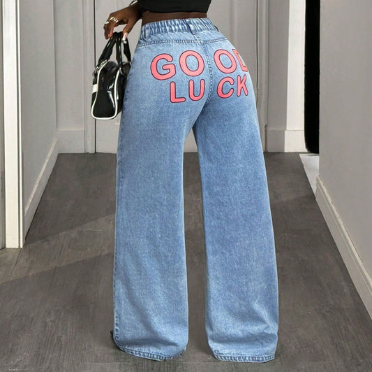Women Clothing Retro Drape Wide Leg Loose Straight All Match Denim Trousers