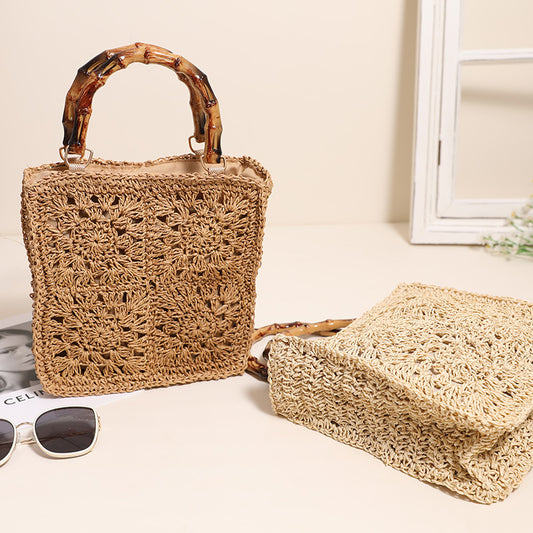 Bamboo Handle Straw Bag Paper String Square Crocheted Women Bag Fresh Casual Woven Bag Beach Bag - Wanita Store