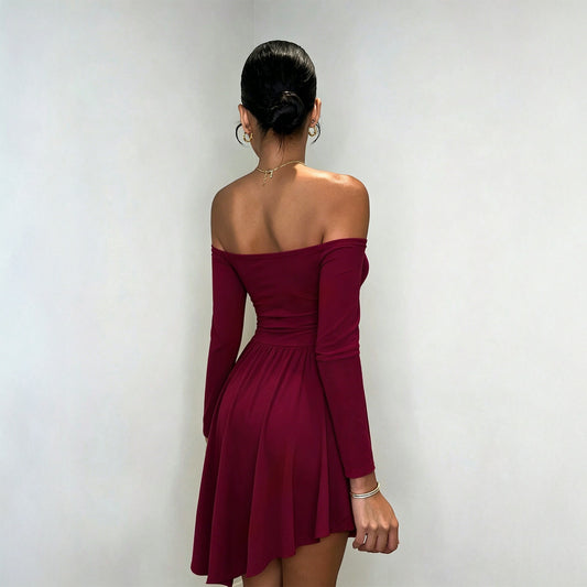 Off Shoulder Long Sleeve Dress Tight Waist Irregular Asymmetric Sexy Dress
