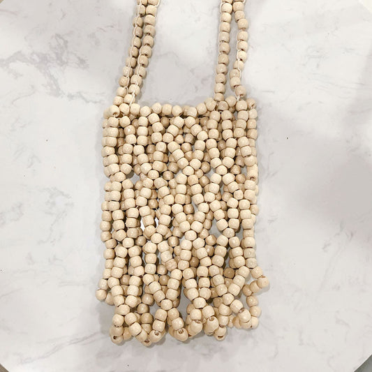 Korean Trendy All Match Autumn Bucket Hollow Out Cutout out Handbag with Wooden Beads Decoration Handmade Beaded Retro One Shoulder Hand Crossbody Bag