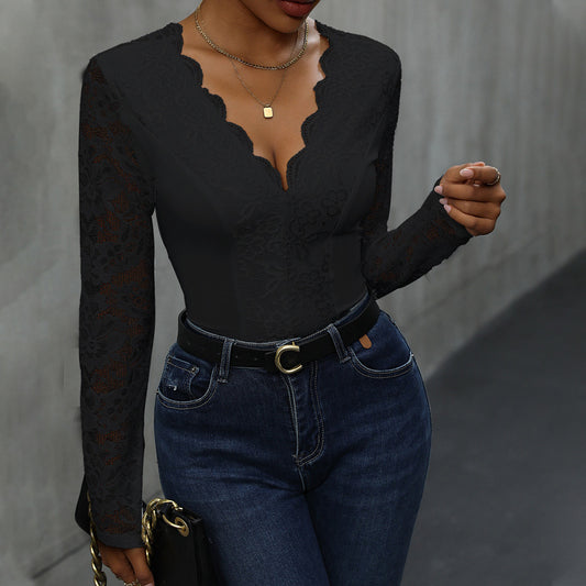 Sexy Solid Color Long Sleeve V neck Lace Jumpsuit