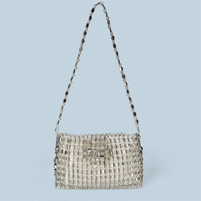 Retro Silver Beaded Bag Crossbody Bag Mobile Phone Bag Small Square Bag with Zip Hand Woven Bag