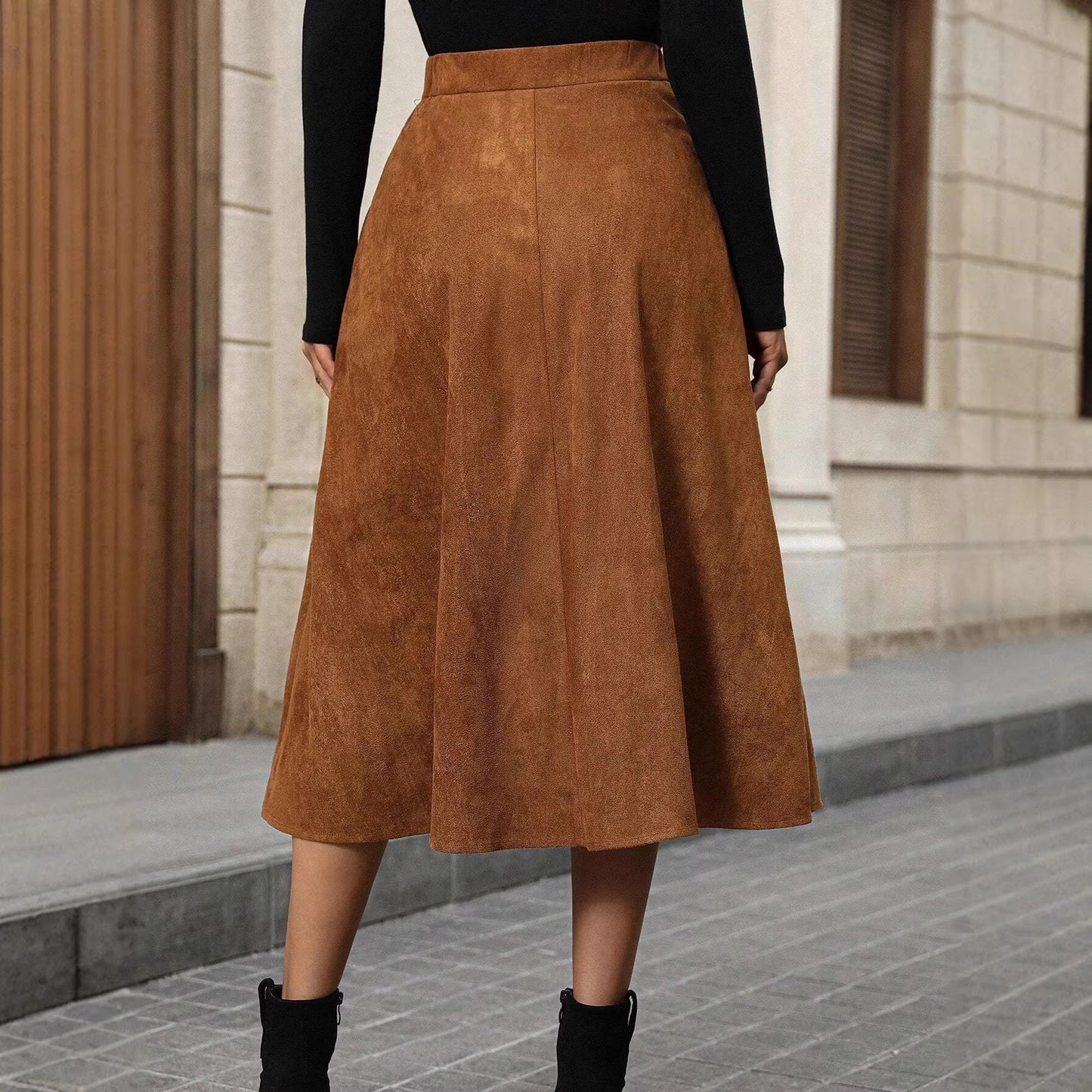 Jupe Courte Marron Maillard en Daim Volants Taille Haute Irrégulière Asymétrique Longueur Mi-Mollet Jupe Fourreau