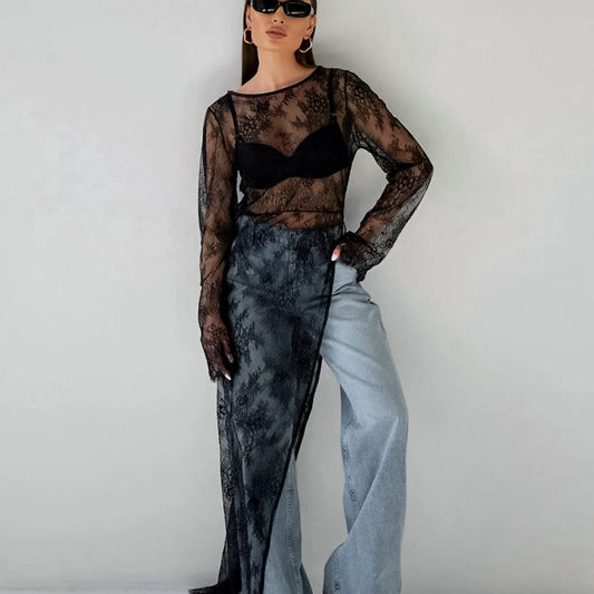 Sexy Black See through Dress Brocade Lace round Neck Long Sleeve Split Asymmetric Dress Summer All Matching Maxi Dress