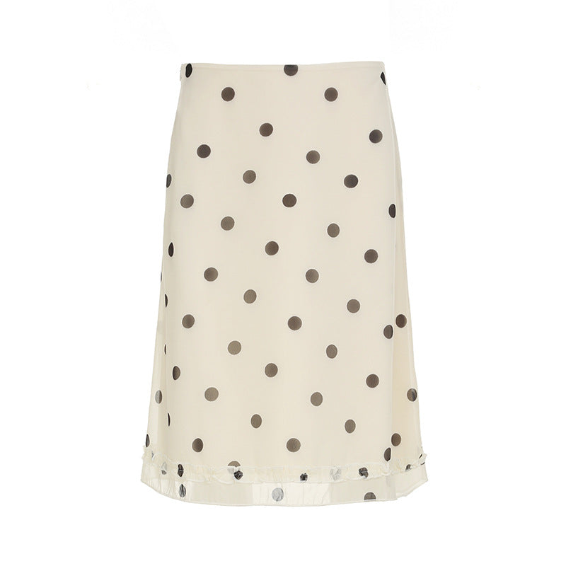 Retro Dots Wooden Ear Street Contrast Color Low Waist All Match Swing Midi Skirt