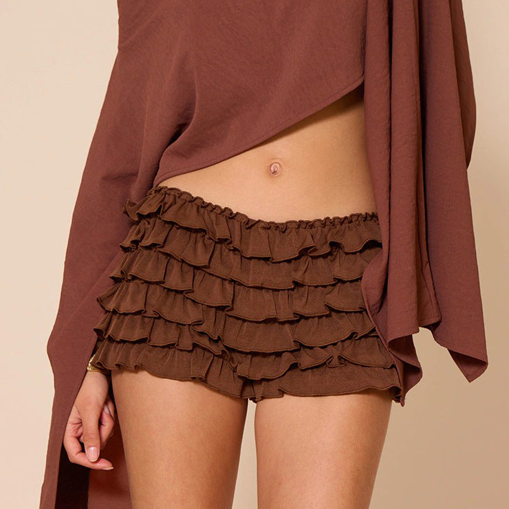 Women Clothing Solid Color Frill Wavy Casual Lantern Dress Short Skirt Culottes