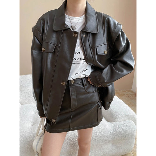 Sinan Early Autumn Retro Workwear Pocket Faux Leather Jacket Coat Skirt Set