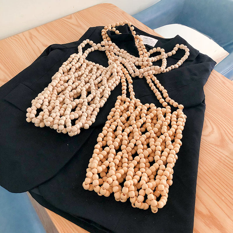 Korean Trendy All Match Autumn Bucket Hollow Out Cutout out Handbag with Wooden Beads Decoration Handmade Beaded Retro One Shoulder Hand Crossbody Bag
