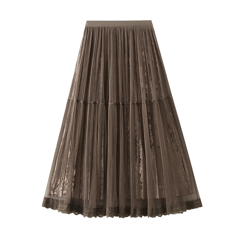 Elegant Draping Mesh Velvet Pleated Skirt for Women High Waist Slimming Long Skirt