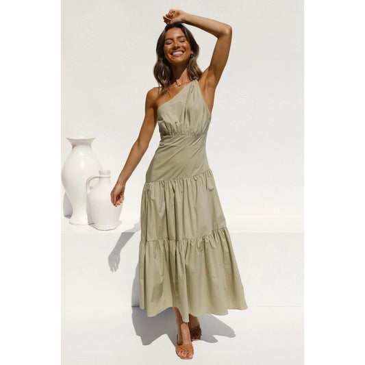 Spring Summer One-Shoulder Knotted Solid Color Fresh Long Sweet Dress