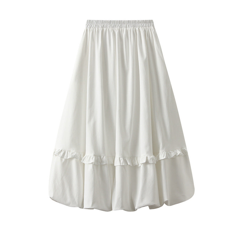 Elastic Waist Wooden Ear Pleated Bud Mid-Length Dress Women Autumn Cover Slimming All Matching Skirt