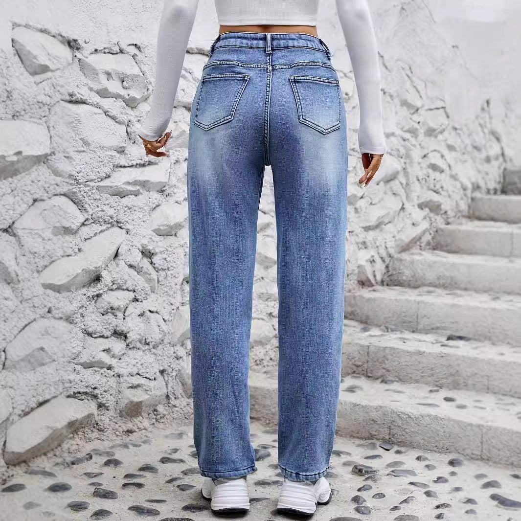 Women Clothing Fleece Lined Elastic Straight Slimming Denim Fashionable Trousers