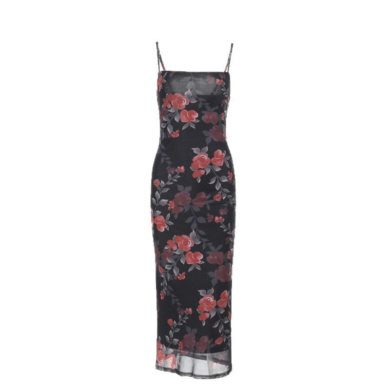 Spring Maxi Dress Socialite Elegant Sexy Slim Straps Tulle Printed Dress