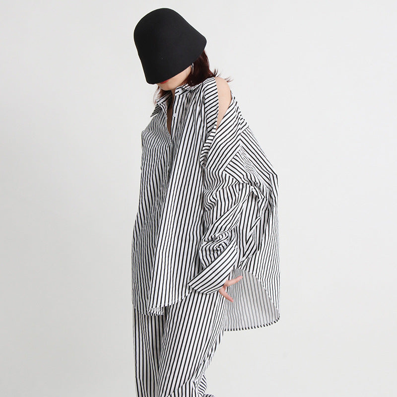 Urban Casual Simple Autumn Irregular Asymmetric Multi Way Shirt Mid Waist Straight Trousers Striped Set
