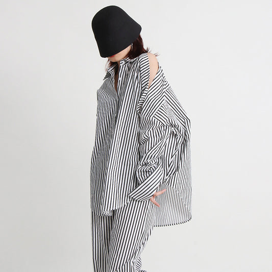Urban Casual Simple Autumn Irregular Asymmetric Multi Way Shirt Mid Waist Straight Trousers Striped Set
