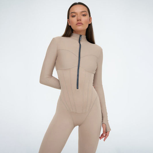 Women Clothing Sexy Tight Zipper Jumpsuit Autumn Long Sleeve round Neck Leggings