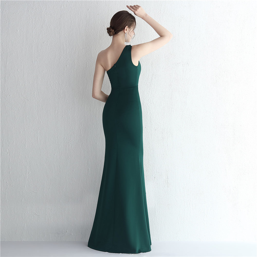 Satin Slim Fit One Shoulder Long Debutante Gala Dinner Slimming Fishtail Wedding Car Model Exhibition Dress