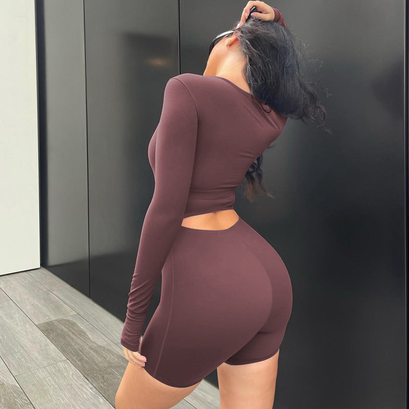 Women Clothing Autumn Winter Long Sleeve U Collar Hollow Out Cutout High Waist Hip Lifting Sport Yoga Jumpsuit