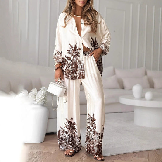 Positioning Printed Cardigan Long Sleeve Top Wide Leg Pants Two Piece Sets