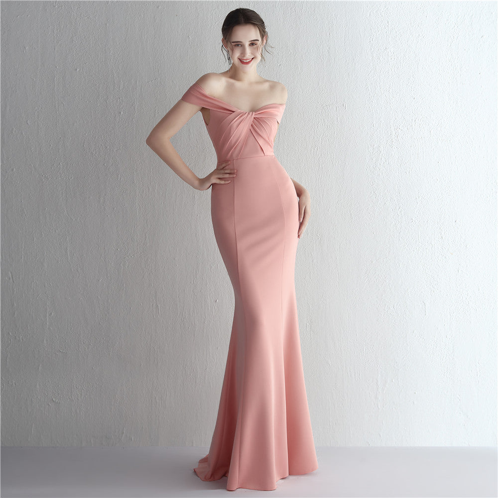 Satin Slim off Shoulder Long Debutante Gala Dinner Slimming Fishtail Wedding Car Model Show Dress