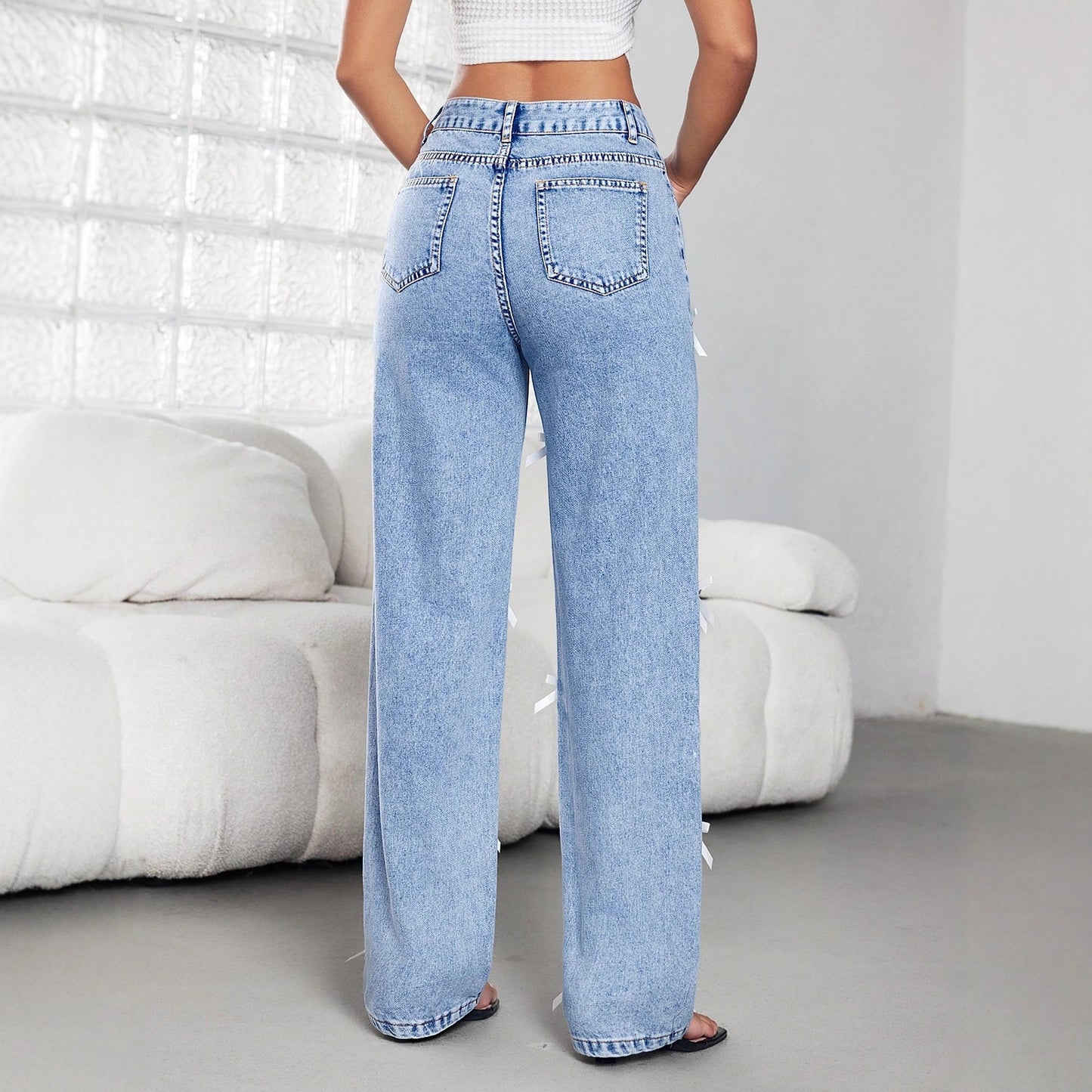 Bow Ribbon Women' Four Seasons Women Wide Leg Denim Trousers