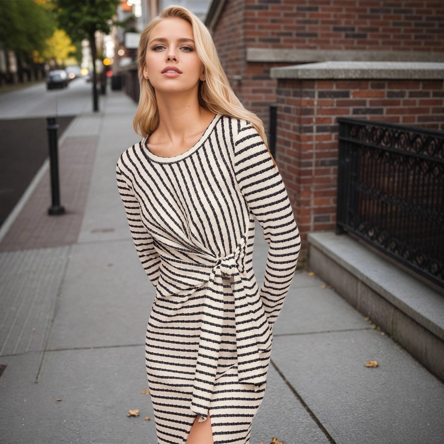 Striped Waist Twist Waist Controlled Slim Fit Slimming Split round Neck Dress