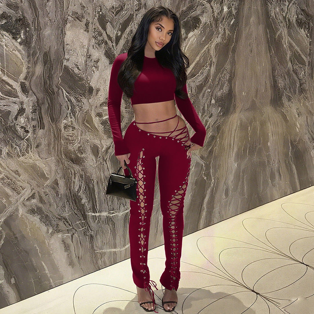 Autumn Winter Women Clothing Long Sleeve Top Sexy Cutout Tied Slim Fit Trousers Two Piece Sets