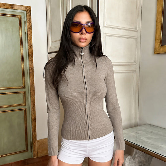 Autumn Winter Women Solid Color Minimal Casual Sweater Lightly Mature Stand Collar Zipper Coat