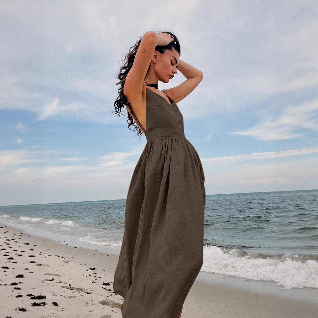 Pure Cotton V neck with Shoulder Straps Women Spring Elegant Sexy Lace up Backless Dress