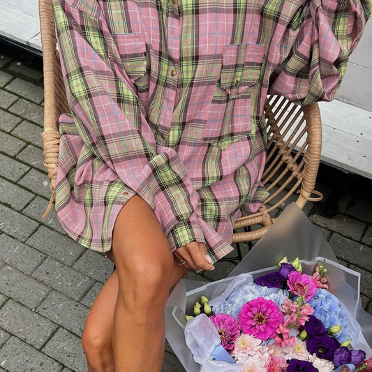 Casual All Matching Plaid Shirt Women Spring Autumn Retro Lapels Long Sleeve Loose Cardigan Top Shirt - Wanita Store
